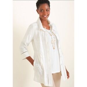 Chico's Size 1 M 8-10 White Embroidered Utility Jacket Cinch Waist‎ Linen
